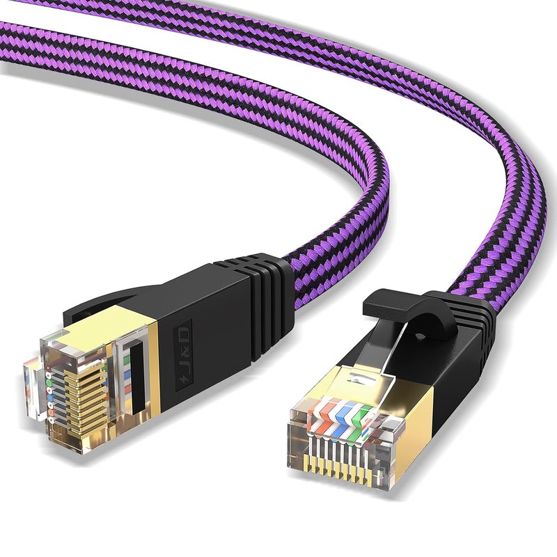 JD كابل إيثرنت Cat 7، تصميم مسطح مضفر من النايلون، كابل إنترنت عالي السرعة LAN، 10Gbps 600MHz، متوافق مع أجهزة الكمبيوتر للألعاب، PS5، Xbox، مودم، جهاز توجيه، كابل إيثرنت منخفض الكمون، 6 أقدام - Image 1
